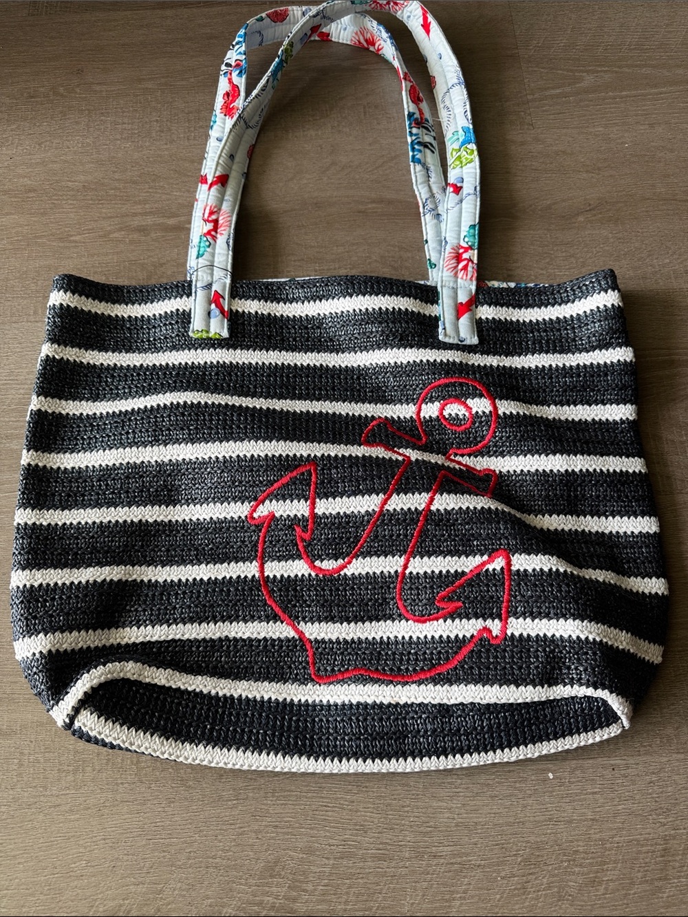 Vera Bradley Straw Beach Tote Bag Anchors Aweigh Navy Stripes NWT - Picture 3 of 13